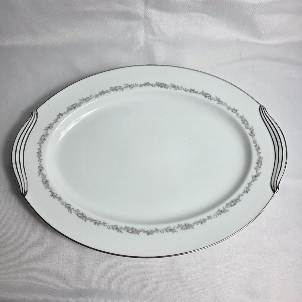 Noritake Crestmont Oval Serving Platter White with Gray Scroll Band 13 Inch